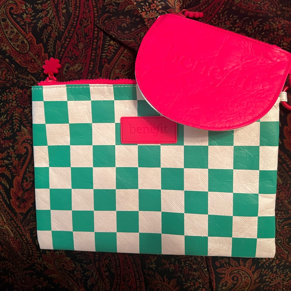 Benefit Green Checkered Pouch with Pink Accessory